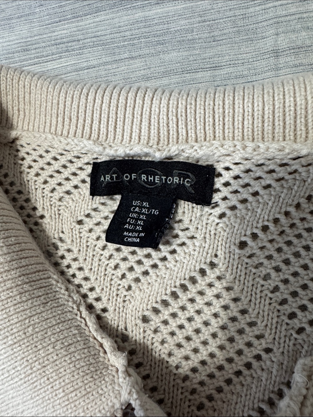 Art of Rhetoric Cream Crochet Knit Shirt Mens Sz XL Open Stitch Diamond Polo - Picture 2 of 12